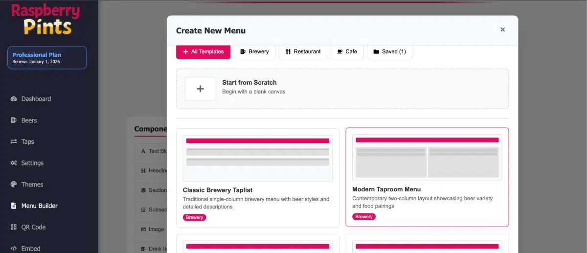 Professional menu builder with drag-and-drop components for beer menus