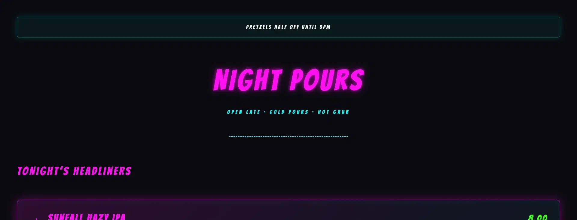 Neon diner taplist template with magenta and cyan glow