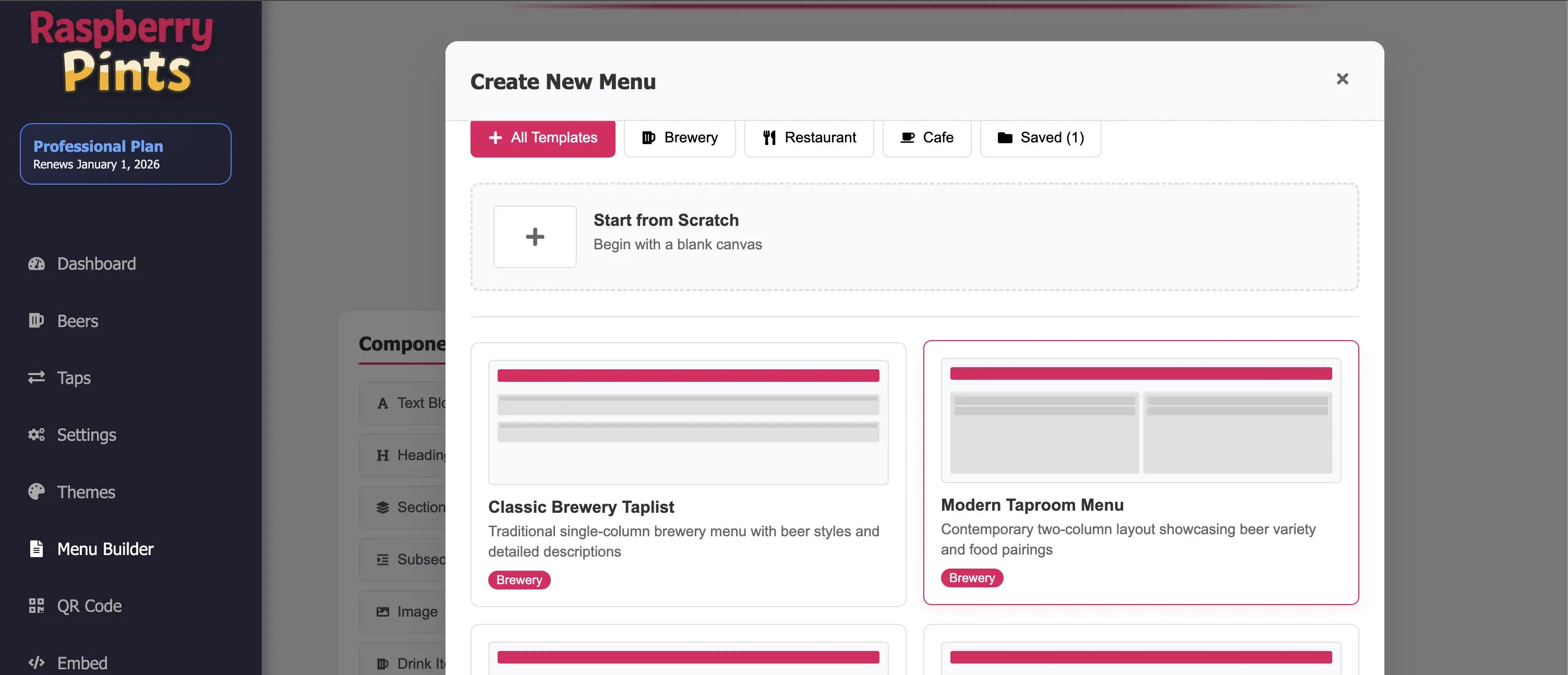 Digital menu builder interface